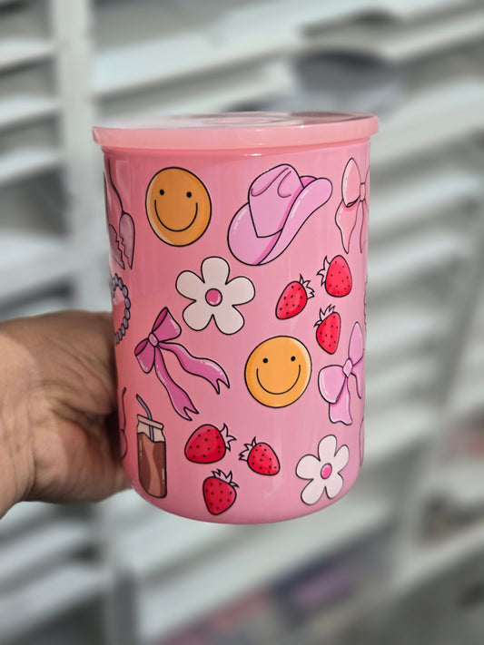 12oz glass mug Pink Cowgirl hat with smiley face