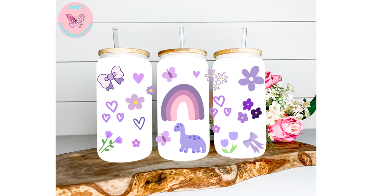 PURPLE DINOSAUR AND FLOWERS 16OZ UVDTF WRAP