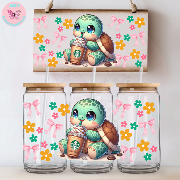 Cute Turtle with pink bows 16oz UVDTF WRAP